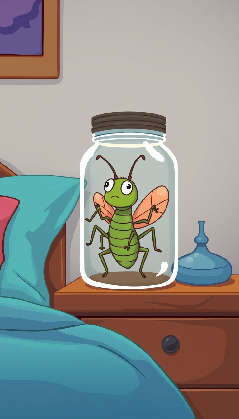 AI Art prompt example created from the prompt: cartoon sick bug in a mason jar on a nightstand in a bedroom