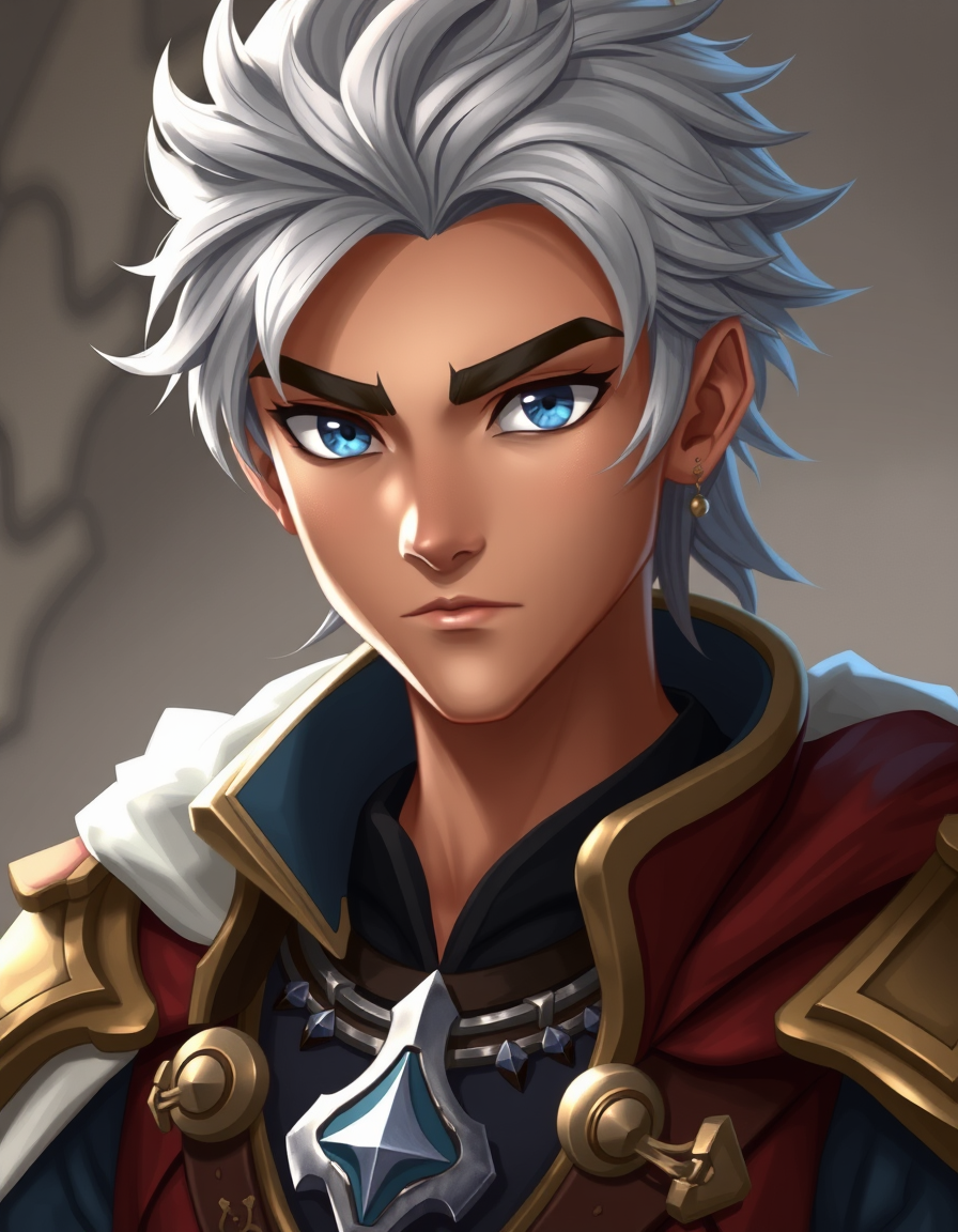 Main art studio: Young handsome fantasy prince, silver hair, blue eyes, deep caramel skin, strong gaze, serious and honorable, competitive and slightly arrogant, elega