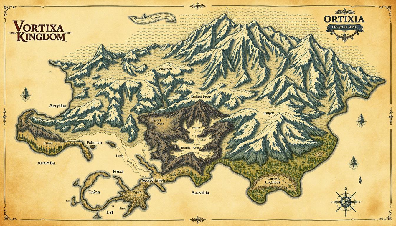 Fantasy Maps idea: fantasy world map, hand-drawn cartography, aged parchment, mountains forests and coastlines, Large continent with many rivers and lakes, large mountai