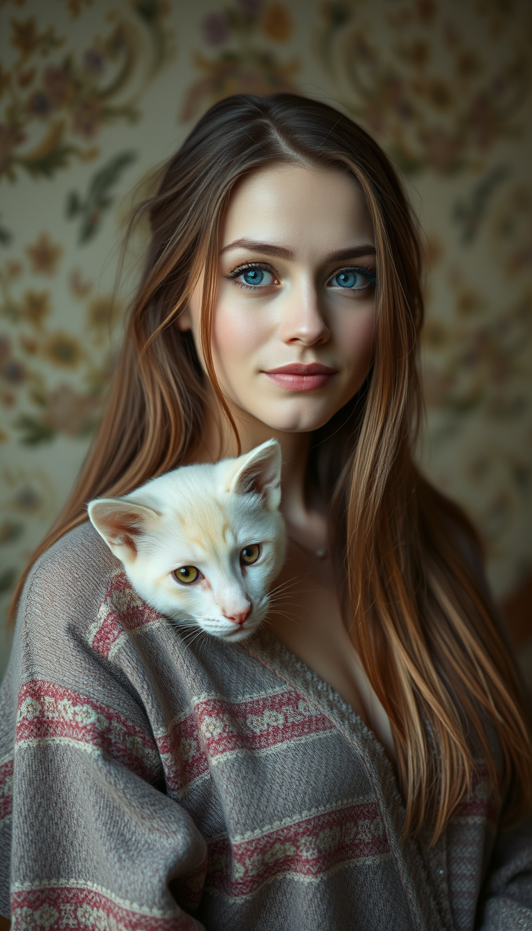 AI Art prompt example created from the prompt: Создай фотореалистичную взрослую девушку — блогера. Рост 170 см, стройная фигура, тонкая талия, плоский подтянутый живот. Очень длинные густ