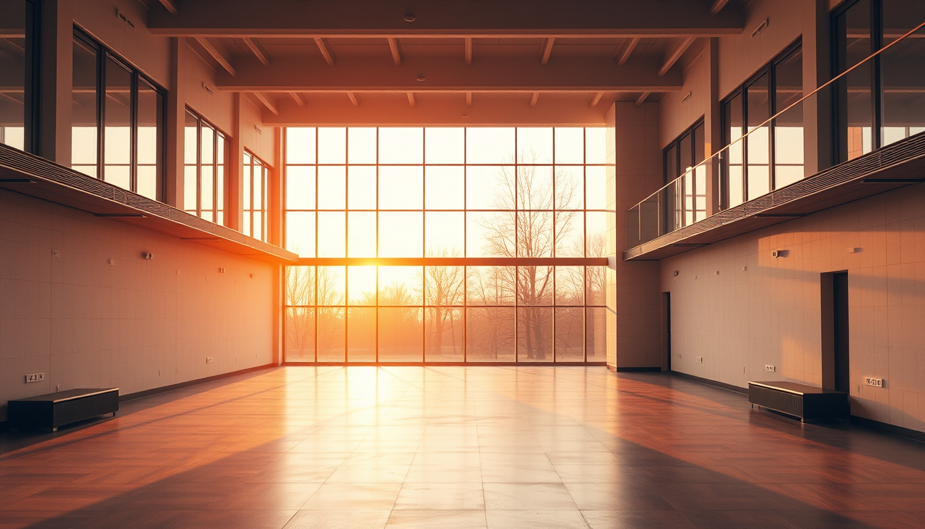 Main art studio: photograph of an empty Bauhaus interior at golden hour