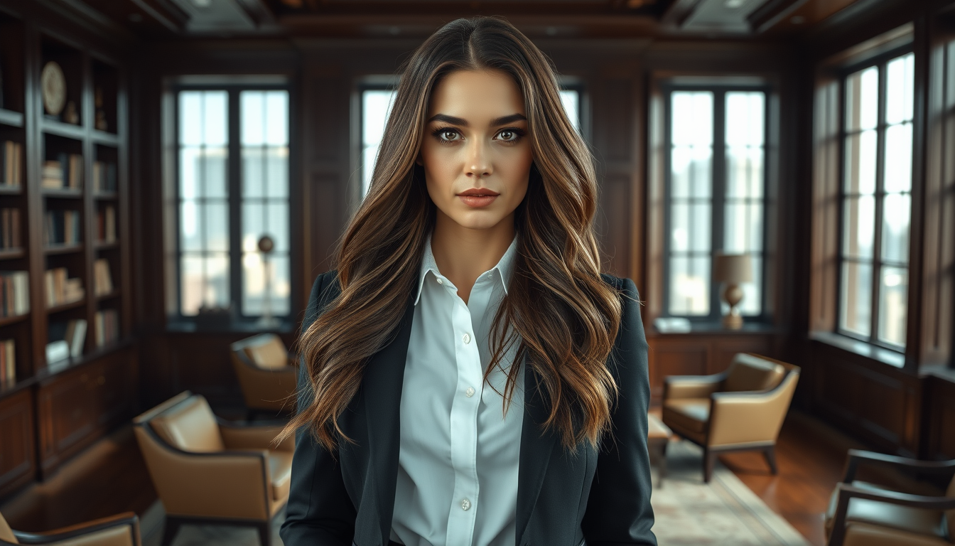 Main art studio: Create a photorealistic, cinematic portrait of Evelyn Blackwood, a 26-year-old American woman who is exceptionally tall even without heels. She has na