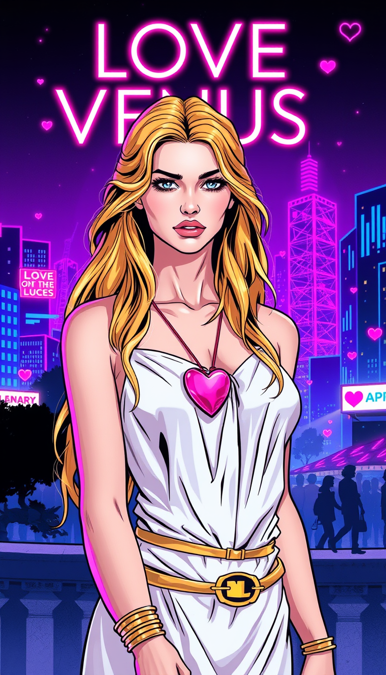 Main art studio: Vertical comic book cover, 1980s retro-futuristic synthwave style. Venus, young adult Roman goddess of love, light skin, long golden blonde hair, eleg