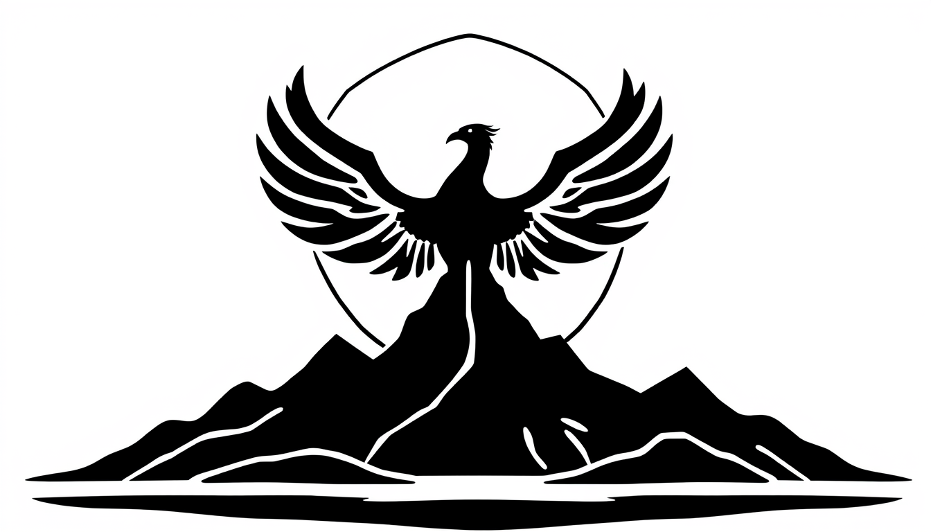 Stencil idea created from the prompt: high-contrast stencil concept, solid connected black shapes, minimal isolated islands, Phoenix, in front of a hexagonal crest , thick readab