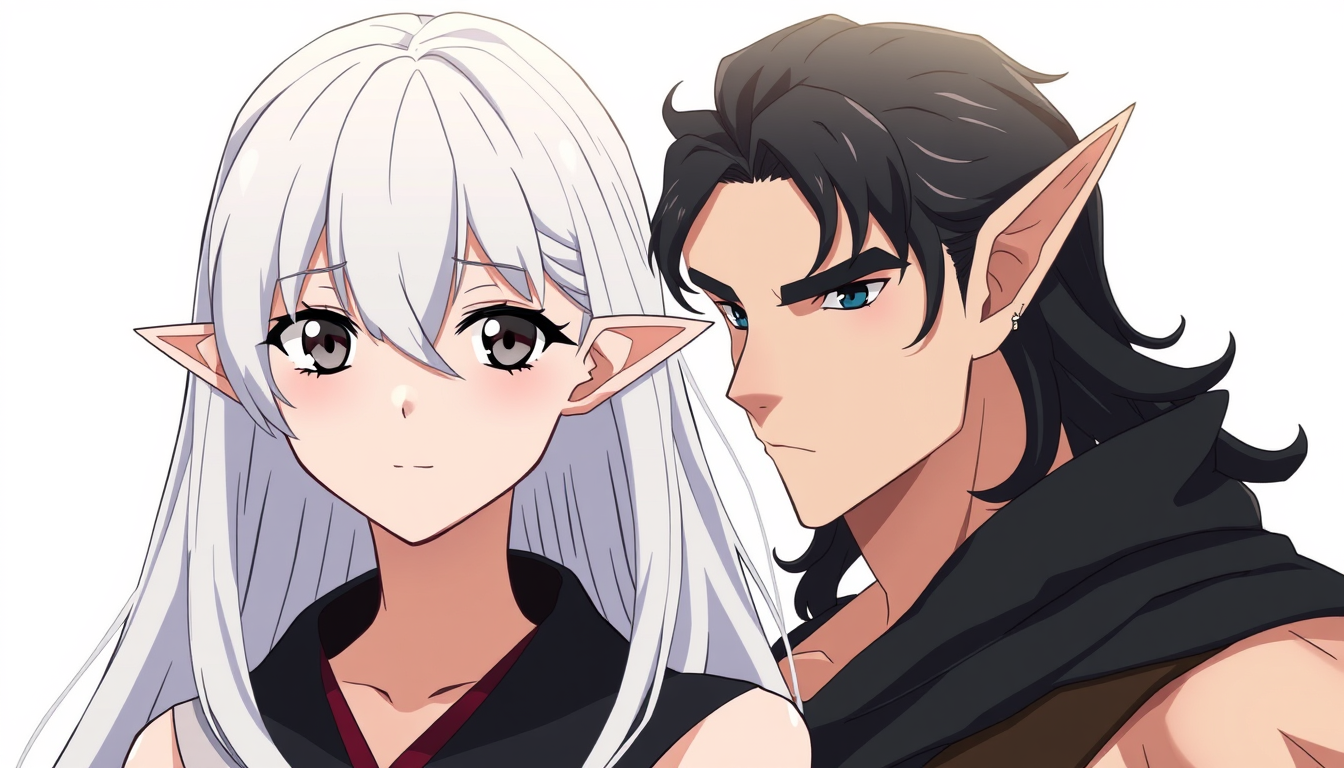 Main art studio: Anime style couple characters. A female with white hair long length with curtain bangs on the side exposing her forehead in the middle. Human ears. Gr