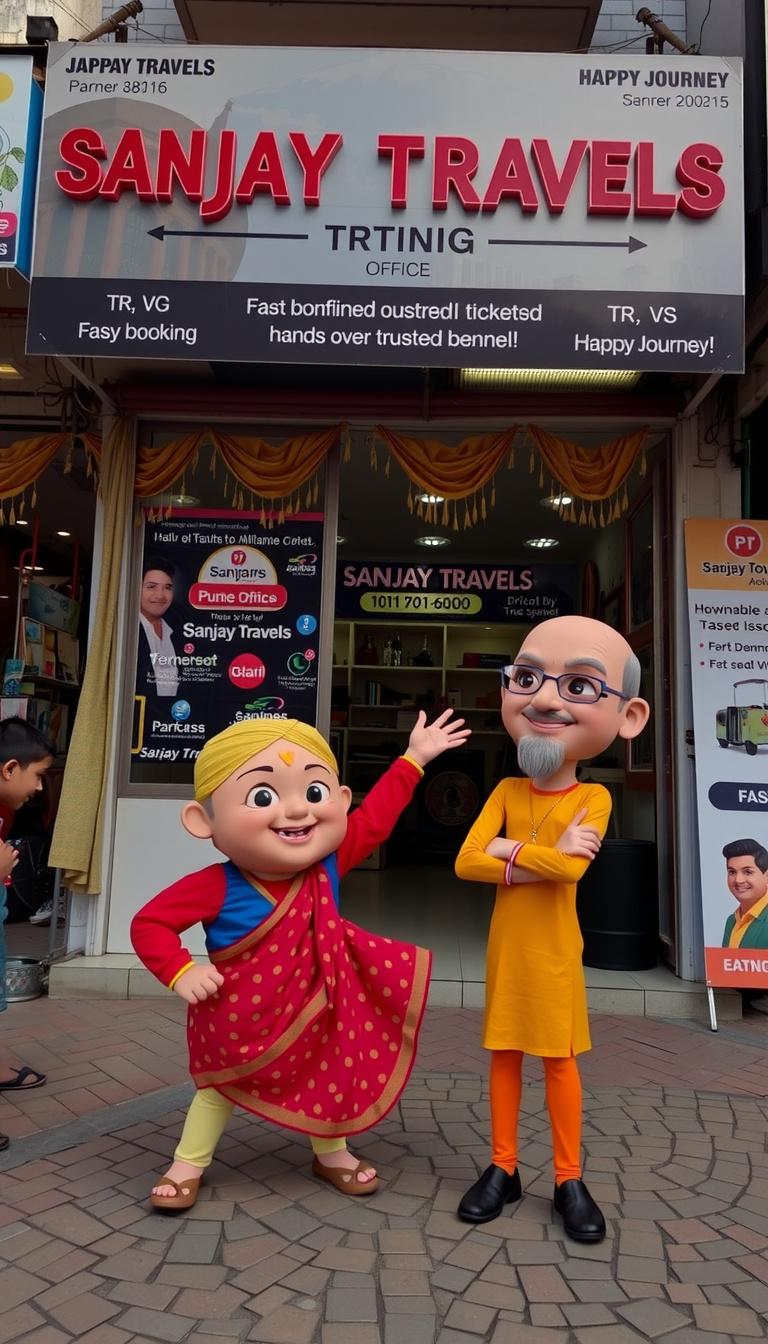 Main art studio: Motu & Patlu introduce the office, enter and ask for 2 Pune tickets, owner books and hands over confirmed tickets, they praise the fast, easy, trusted