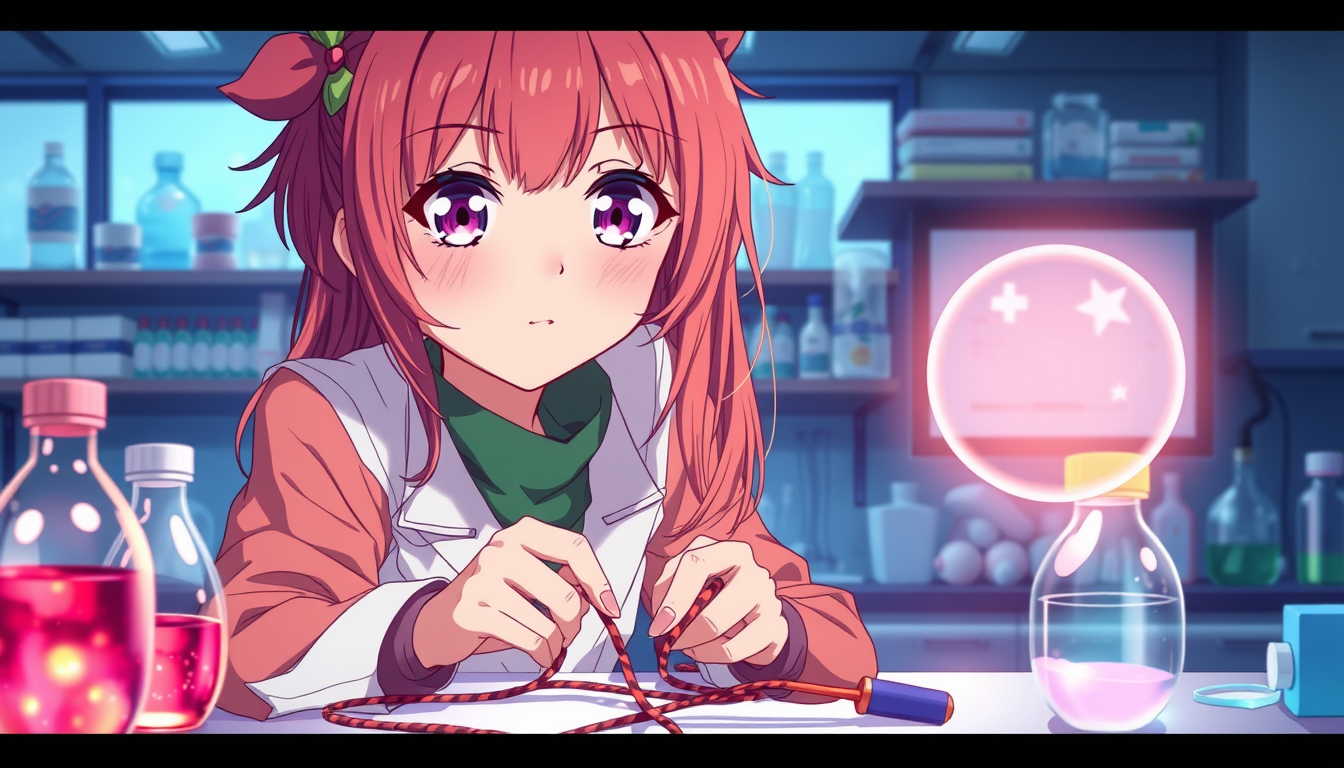 Anime idea: anime style, vibrant colors, expressive eyes, Femme accroché avec des corde sur une table de laboratoire scientifique , detailed anime illustration