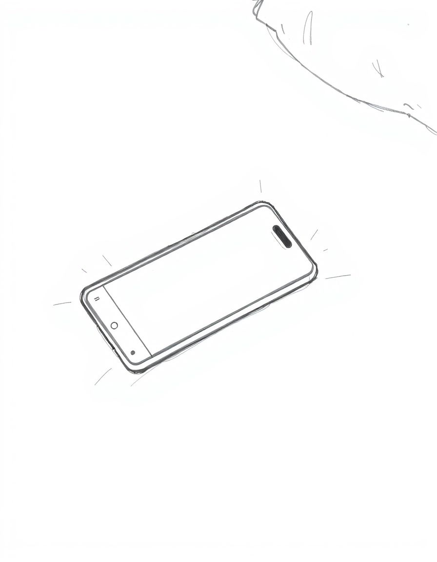 Main art studio: Minimalist black and white pencil sketch of a single smartphone lying on a bed, screen showing a simple messaging app interface with one small “online