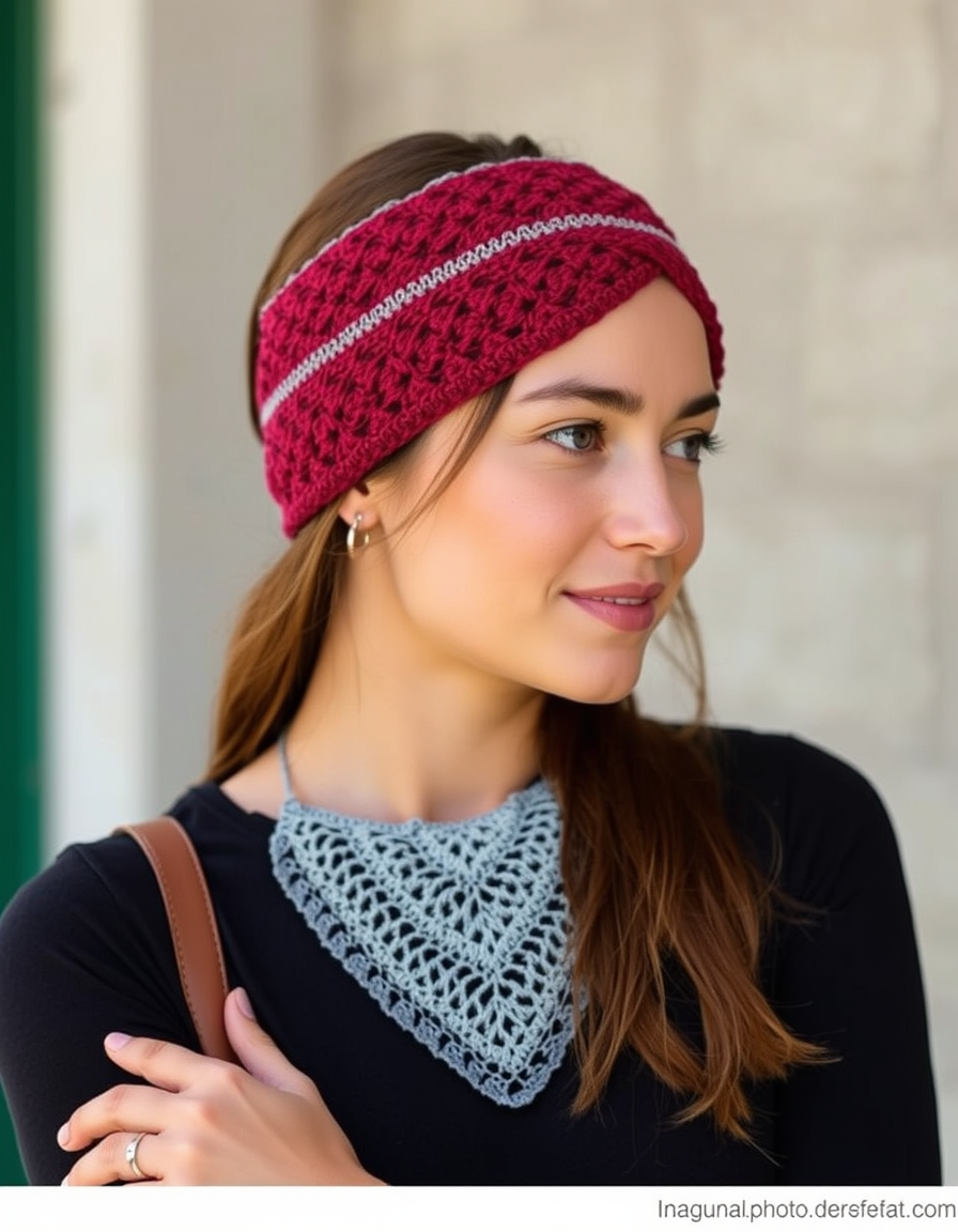 Main art studio: Usa exactamente esta bandana de crochet como referencia. No cambies su diseño, colores, forma, patrón ni textura. Colócala puesta en la cabeza de una