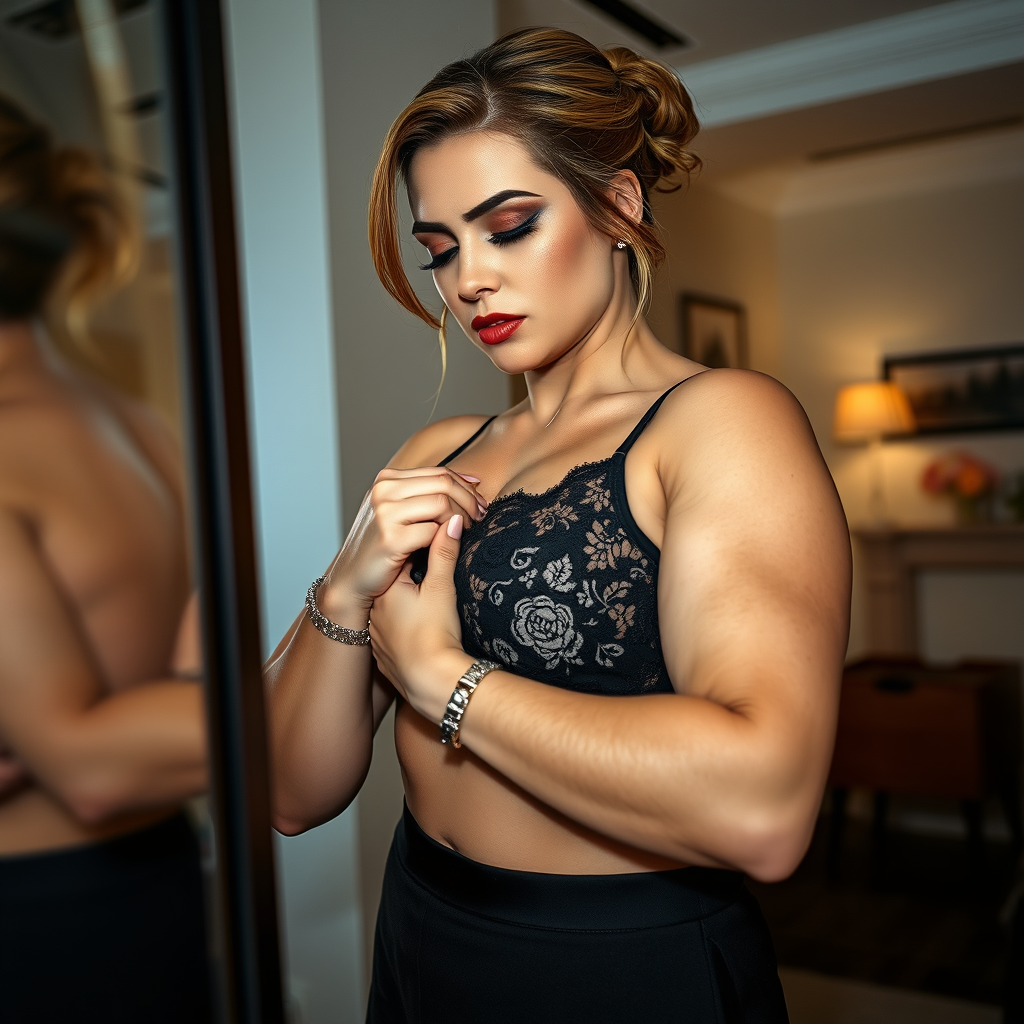 Main art studio: low angle shot of an astonishingly beautiful athletic, curvy woman around 47. She has heavy makeup, she is wearing a black lace bra, white skin, shoul
