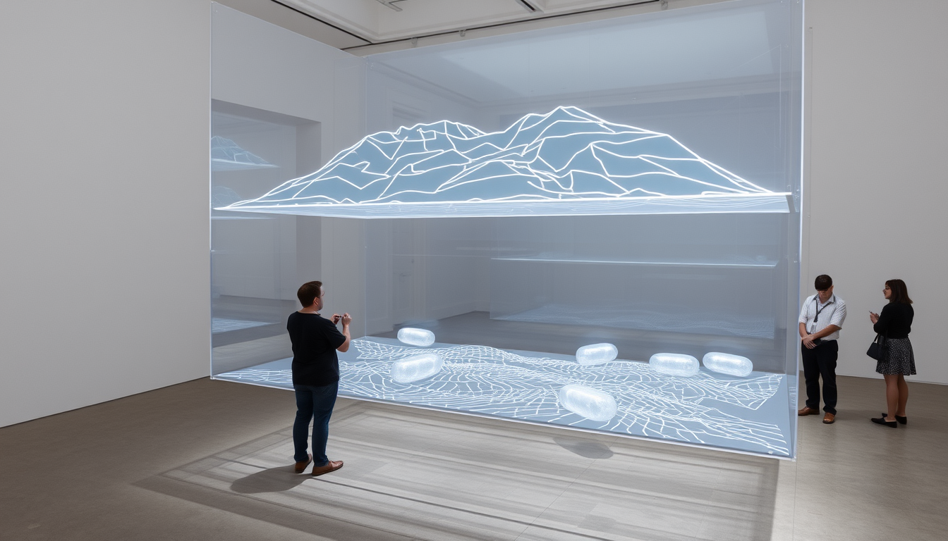 AI Art prompt example created from the prompt: Contemporary art gallery installation. A large suspended transparent structure with two floating layers. Upper layer: simplified underground