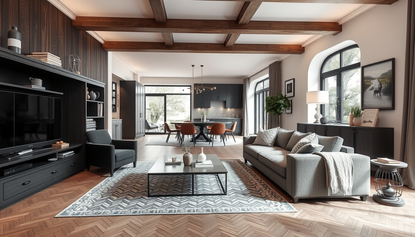 Main art studio: Devo arredare casa. Vorrei uno stile classico moderno più suo classico con toni neutri, parque legno scuro. La stanza sarà un open space di 35mq che s
