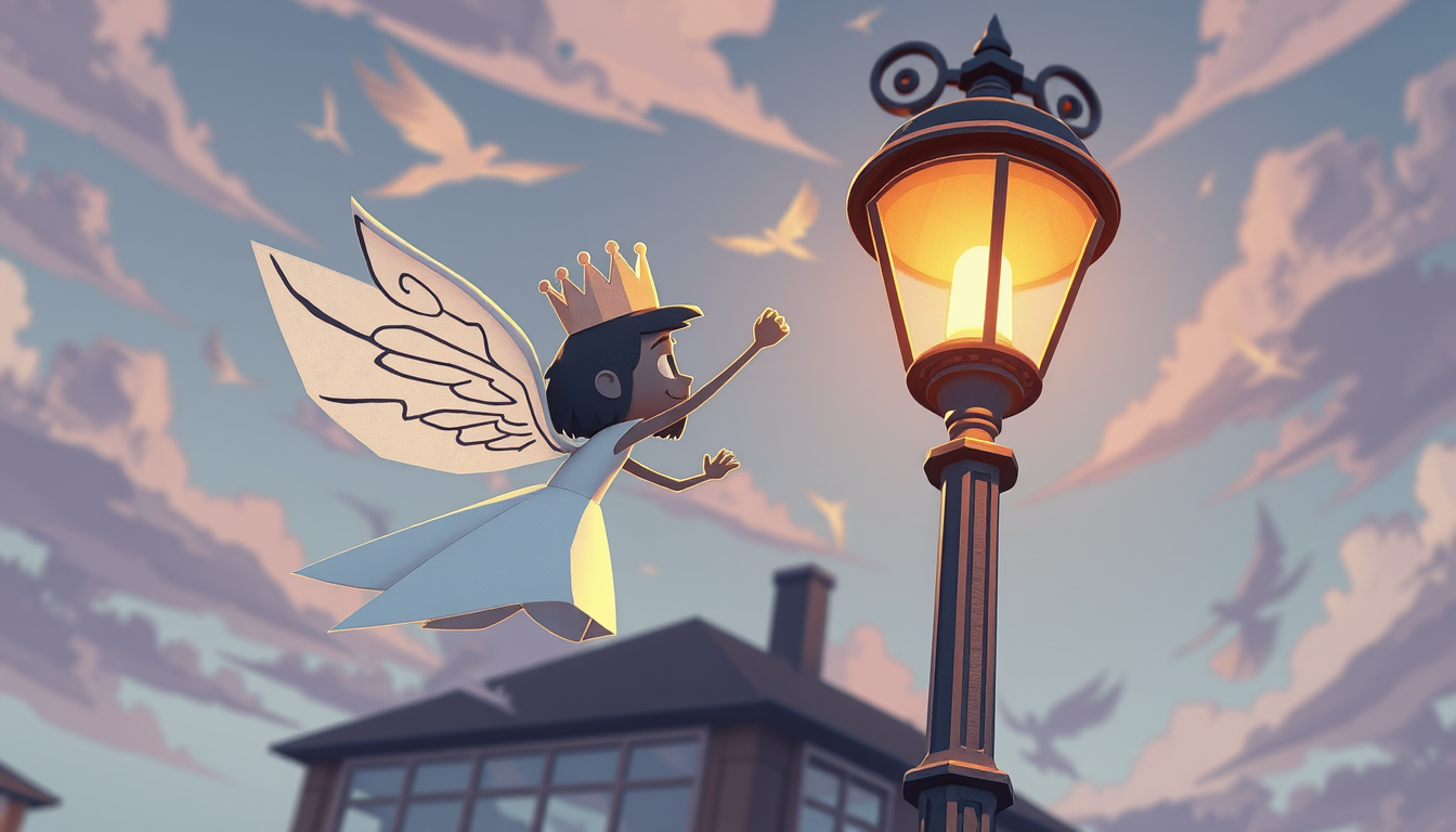 Main art studio: A 3D comic of a paper prinses named princes scrap was in the breeze grabbing onto a streetlight while fluttering in the wind