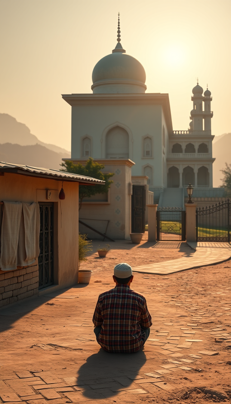 Main art studio: A beautiful cinematic scene of a poor man sitting peacefully outside a small humble house while, in the distant background, a wealthy man stands besid