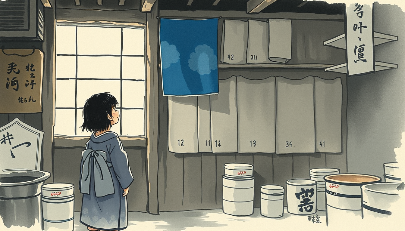 Main art studio: A little Japanese girl is standing alone in a ramshackle shop looking up at a piece of blue fabric up high on a shelf. The fabric is by itself and alm