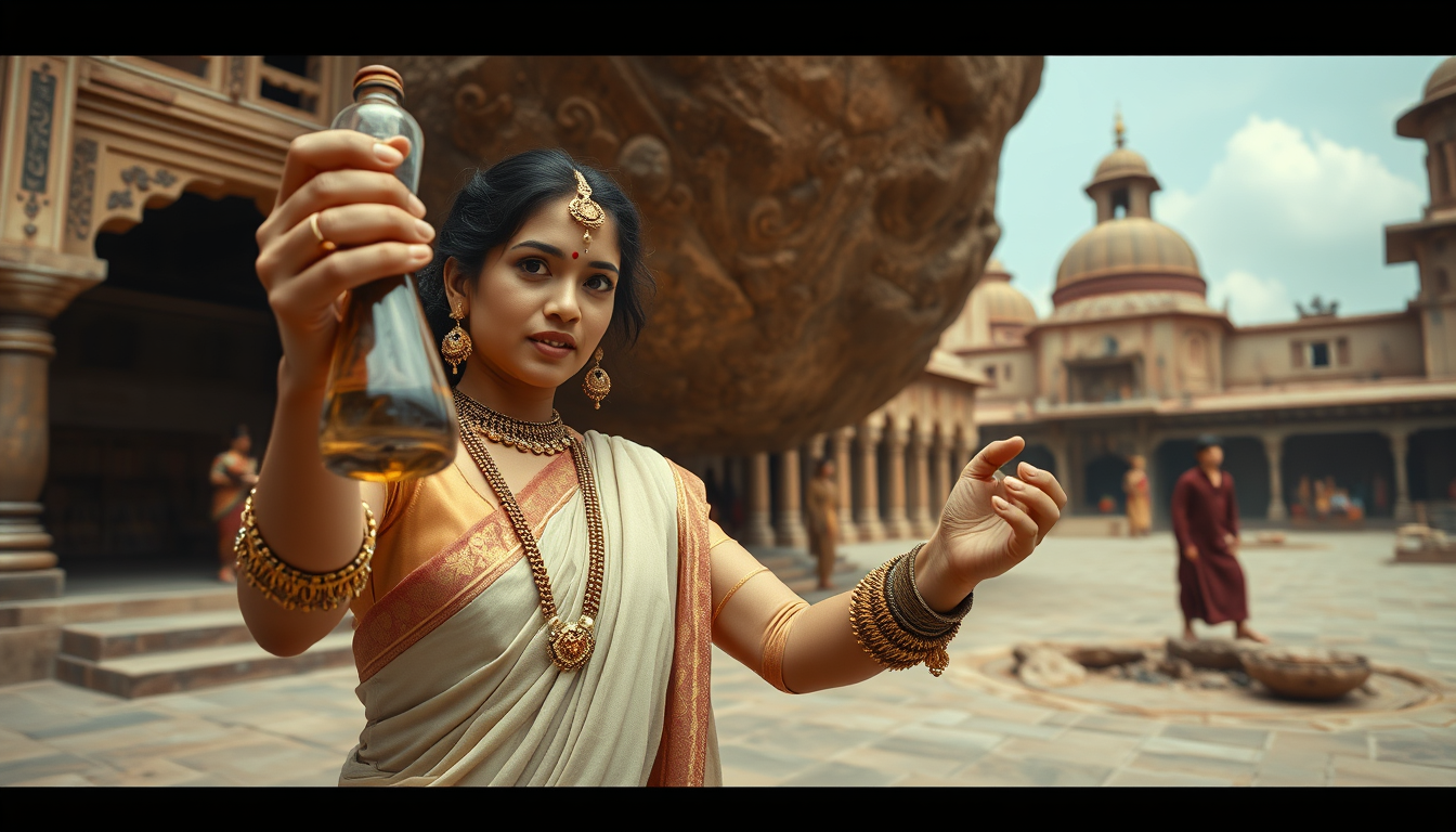 Main art studio: Princess Ratnavati throwing the perfume bottle toward a large rock in the marketplace courtyard after discovering Singhiya's trick, her expression ale