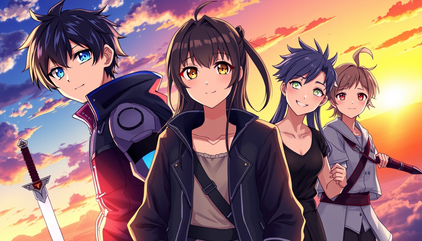 Main art studio: 1. Anime Character A cool anime boy with black hair, blue eyes, wearing a futuristic jacket, cinematic lighting, detailed anime style. 2. Anime Girl A
