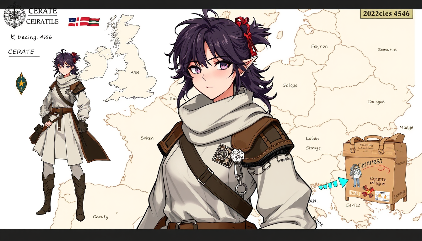 Characters idea: original character design, detailed outfit and accessories, expressive personality, Cerate map of Europe in 4556 , character concept art illustration