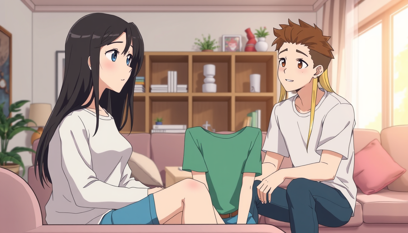Main art studio: an anime picture of a teen girl with long straight blonde hair sitting in a living room whiles talking to a woman with long black hair and a man with