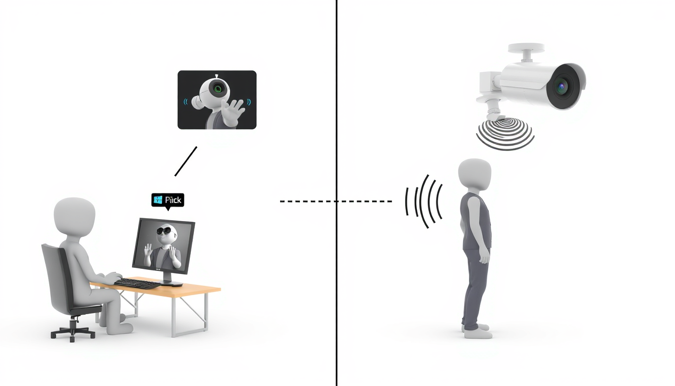 Main art studio: Realistic 3D NVR Talk workflow. Left: one real person sitting at one desktop PC only, clicking the highlighted “Talk” button. No extra PC or monitor a
