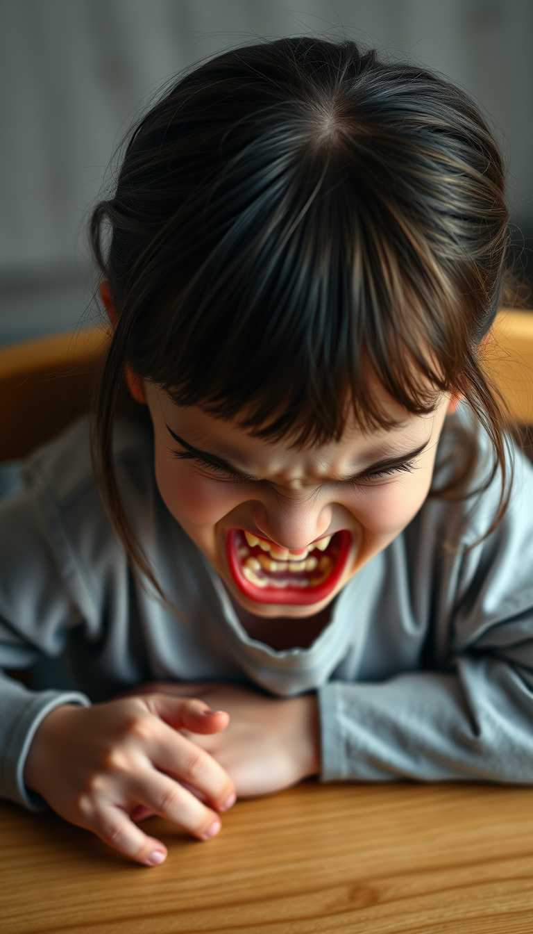 Main art studio: 10 year old with girl dark brown hair sitting at a table with mouth open head tilted back very angry wrinkling face of many tiny wrinkles, angle from 