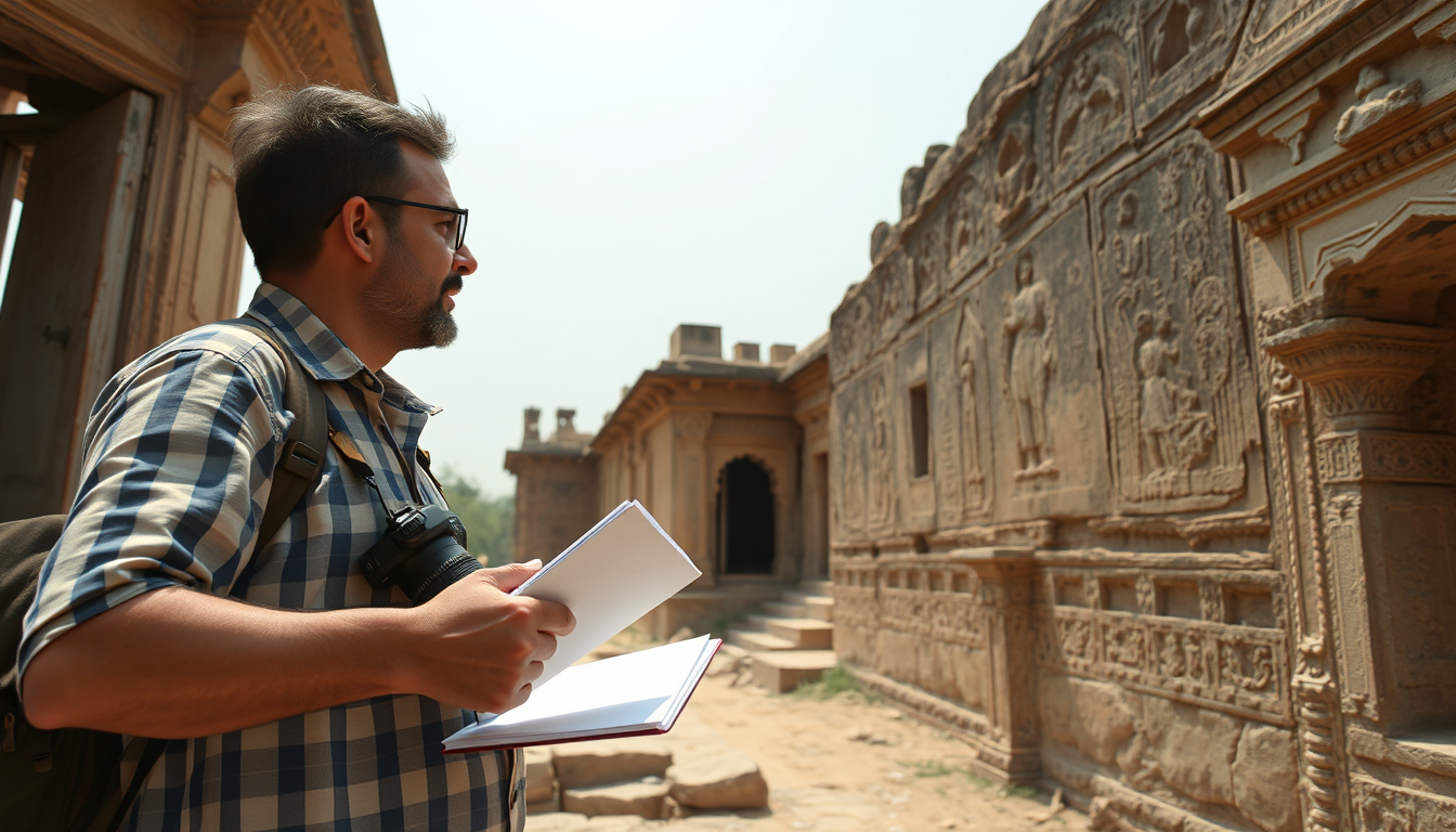 Main art studio: An adult researcher examining Bhangarh Fort during daylight, holding a notebook and camera, carefully studying ancient stone carvings and damaged wall