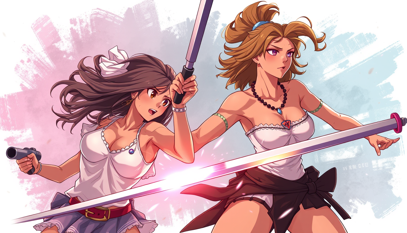 Main art studio: crie 2 meninas lutando de quimono branco uma pard e uma escura