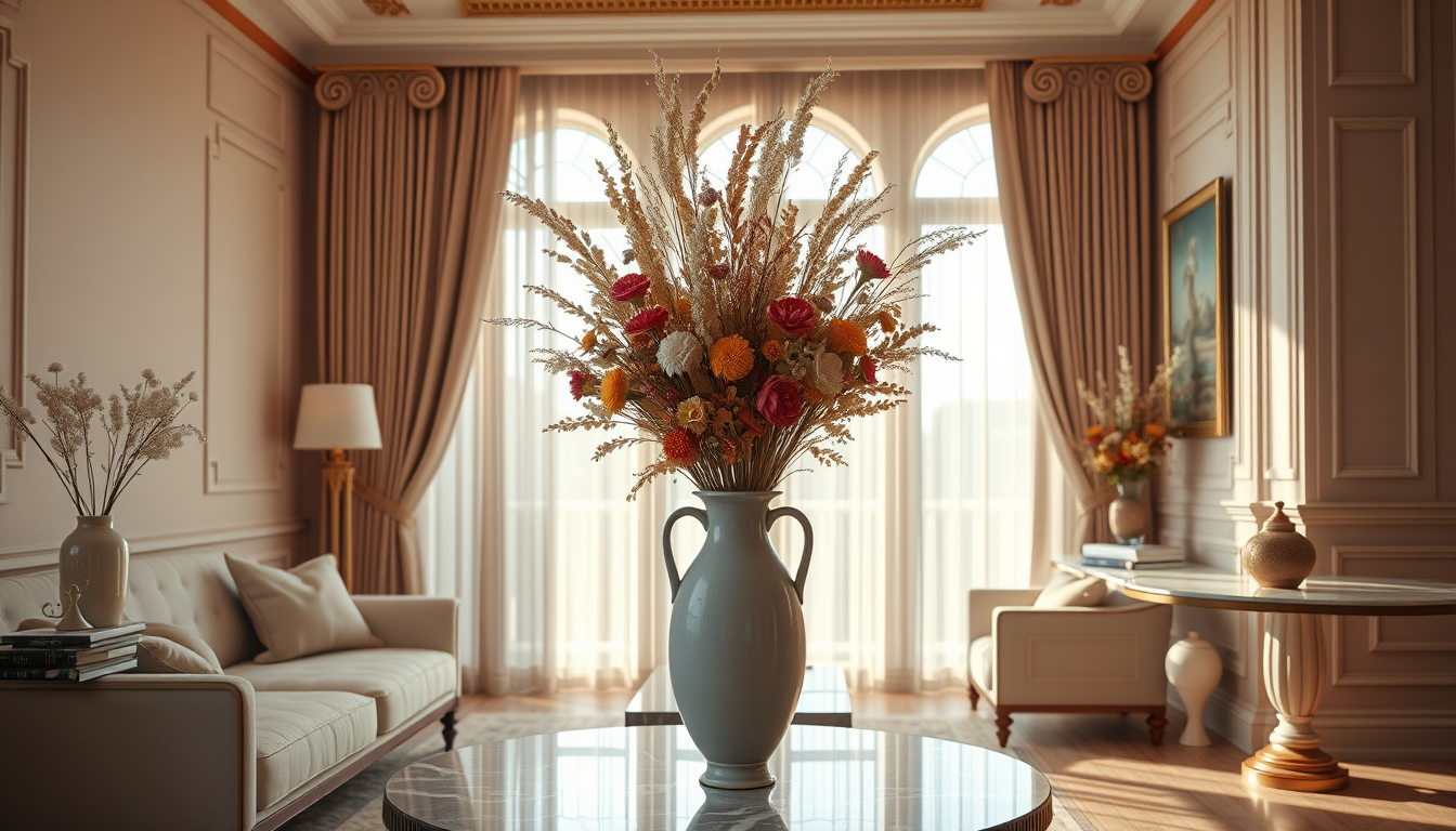 Main art studio: Elegant contemporary apartment inspired by Greco-Roman design, with a refined vintage aesthetic. A greco-roman beautiful ceramic vase with a lush colo