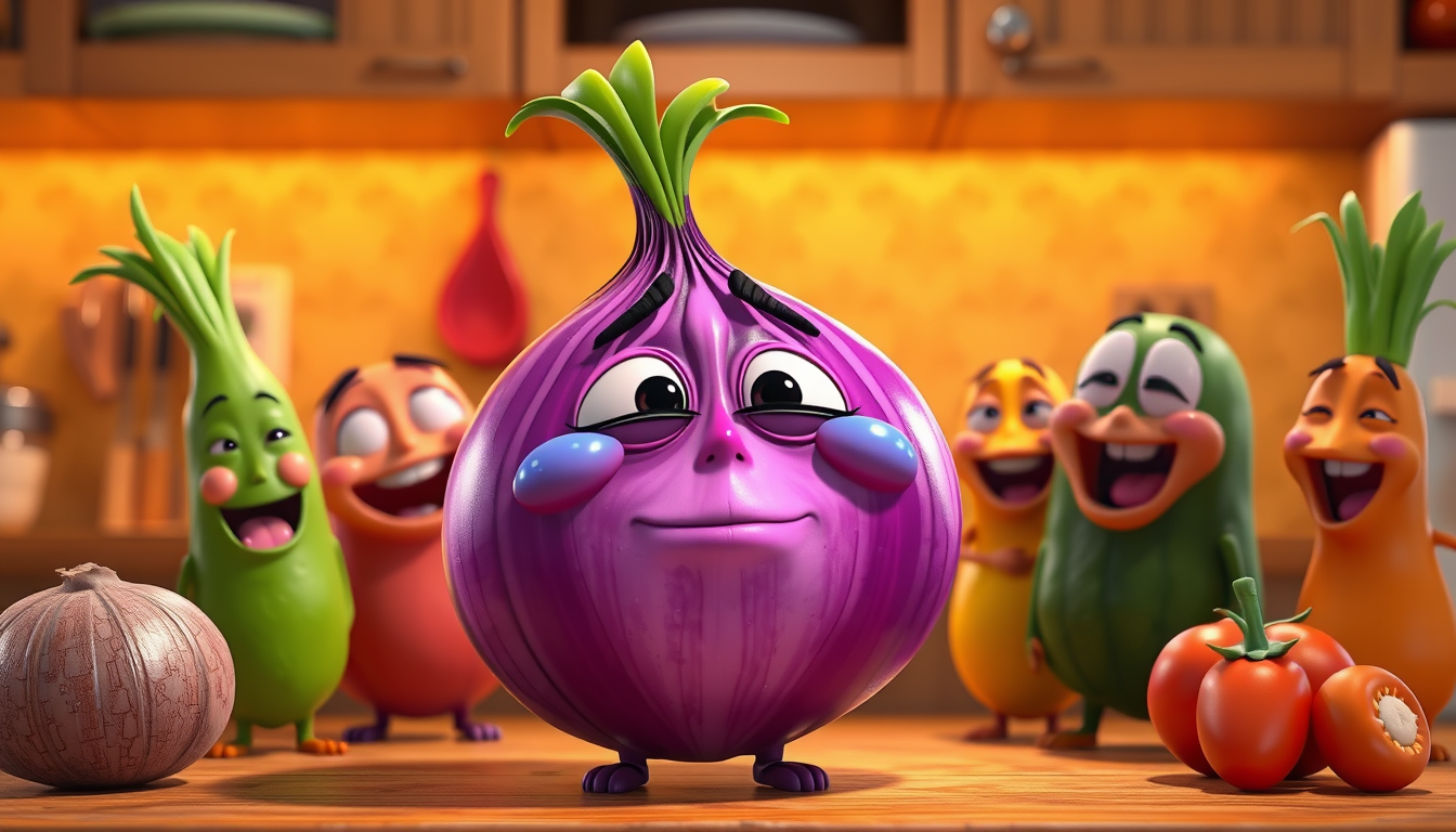Main art studio: Scene 5 – Onion's Funny Joke Prompt: Funny purple onion pretending to cry with shiny tears while smiling, all the other vegetables laughing loudly, jo