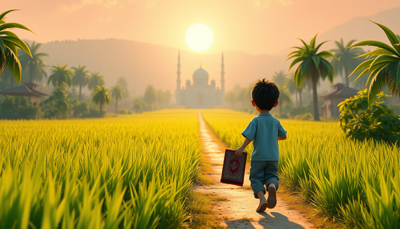 Main art studio: The same boy walking toward the mosque carrying his prayer mat, beautiful village path through green rice fields, mosque visible ahead, golden morning