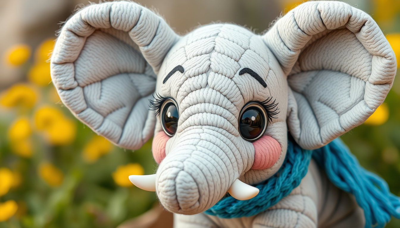 Main art studio: Ellie — a cute baby elephant with light-gray wrinkled skin, oversized floppy ears, big friendly round eyes with long lashes, a short curled trunk, and