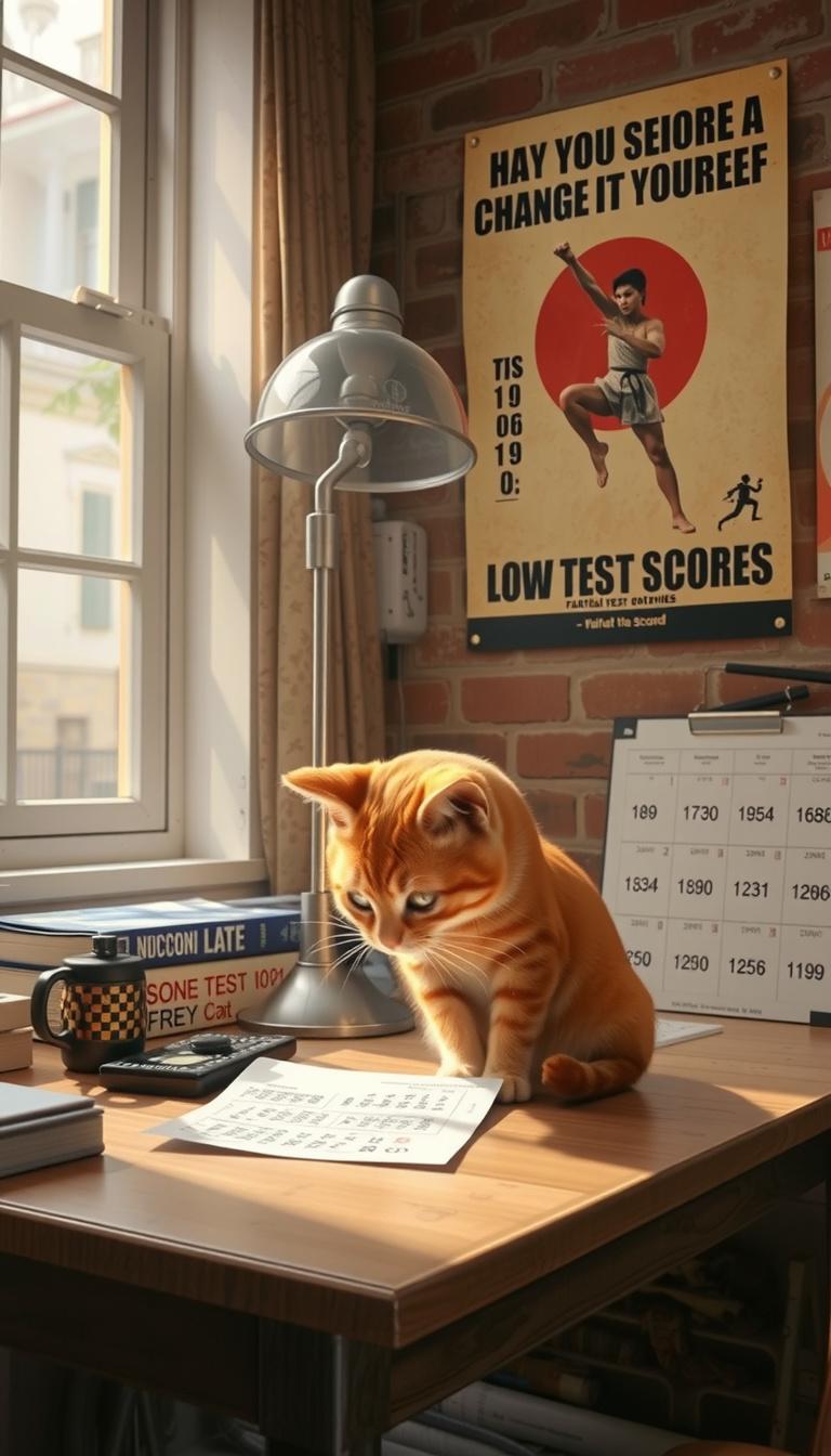 Main art studio: The same small orange tabby cat sitting alone at home, looking at her low test scores and feeling determined to change her life, motivational atmosphe