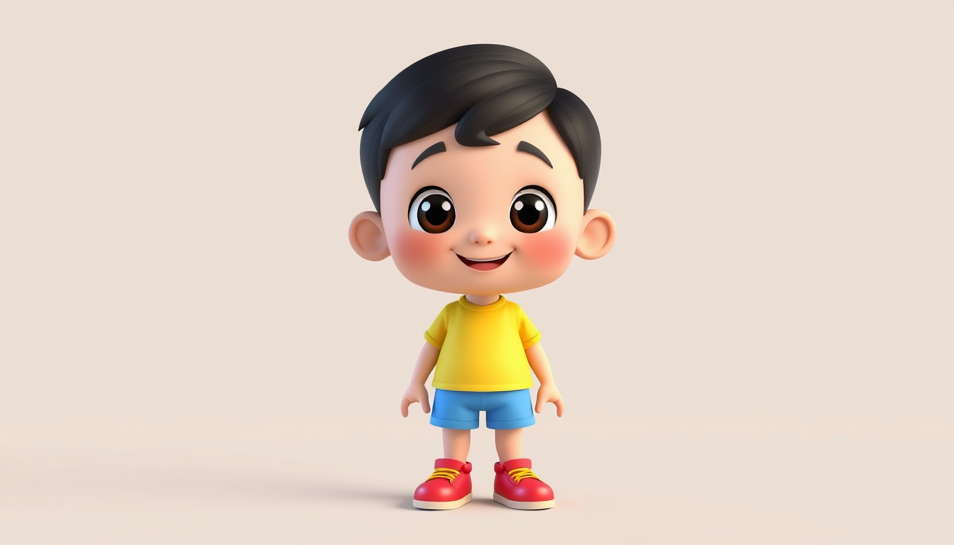 Main art studio: A cute 4-year-old cartoon boy named Aru, short neat black hair, big expressive brown eyes, small round face, cheerful friendly smile, wearing a bright