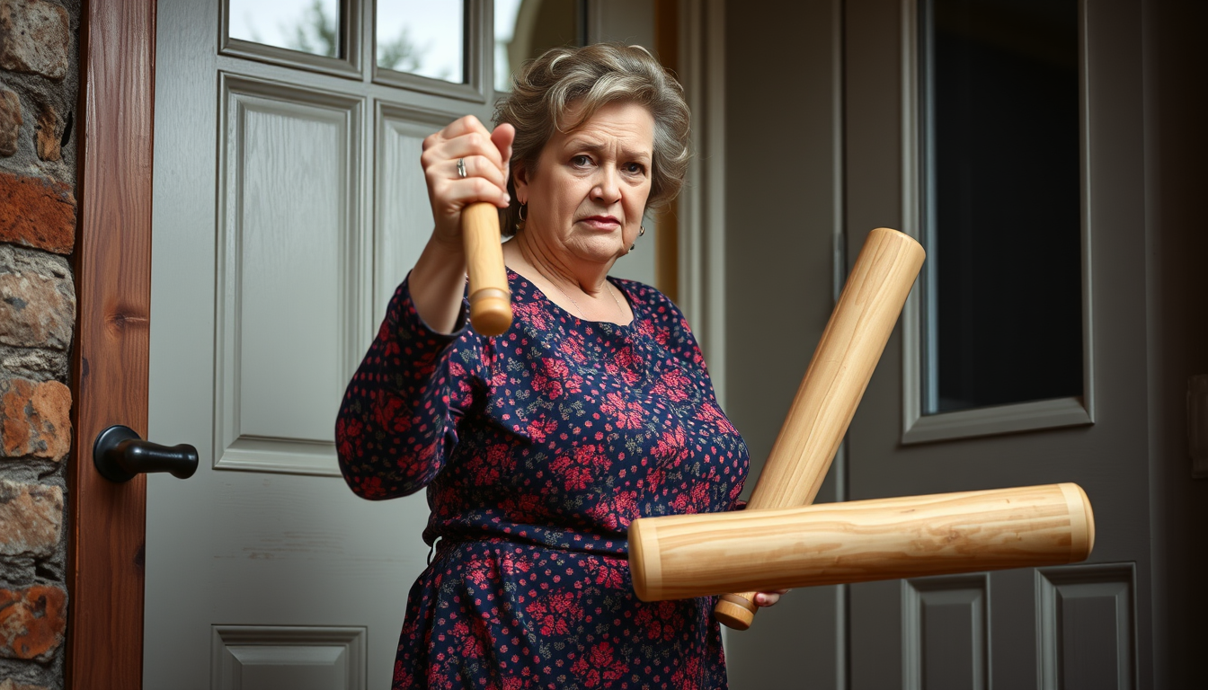 Main art studio: crazy wife wielding large rolling pin one handed aloft by the handle angrily waiting at front door