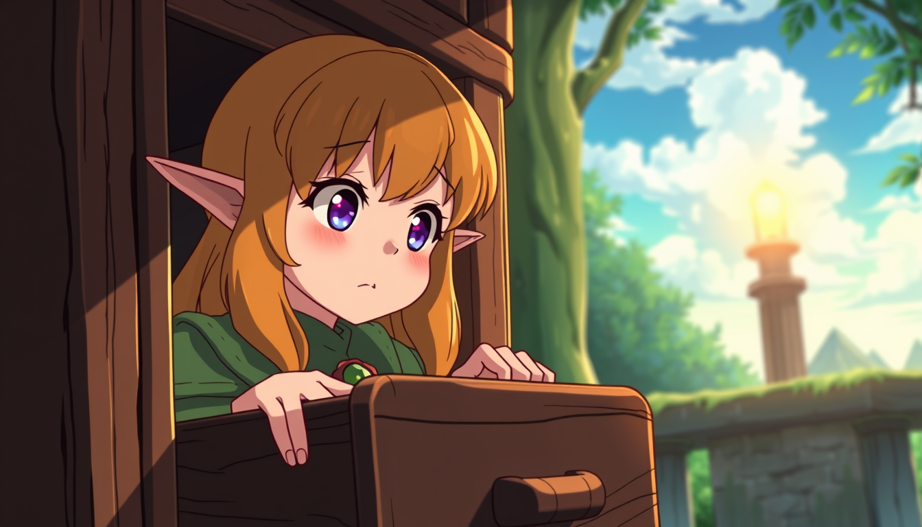Main art studio: Anime; adventurers' guild; open wooden filing cabinet drawer; displeased elf-girl searching for a personal profile; high resolution; high quality