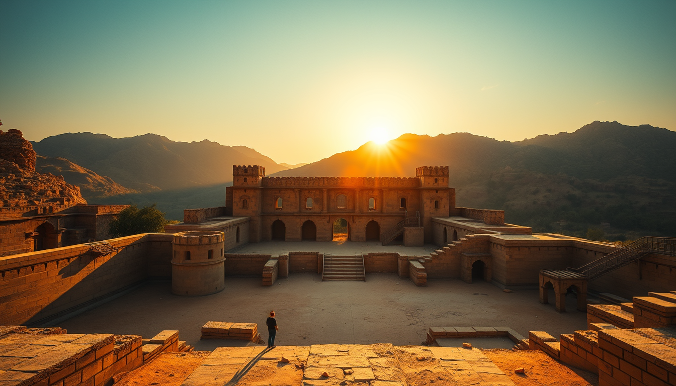 Main art studio: A final cinematic wide shot of Bhangarh Fort ruins surrounded by the Aravalli hills, fading golden sunlight across ancient sandstone walls, peaceful d