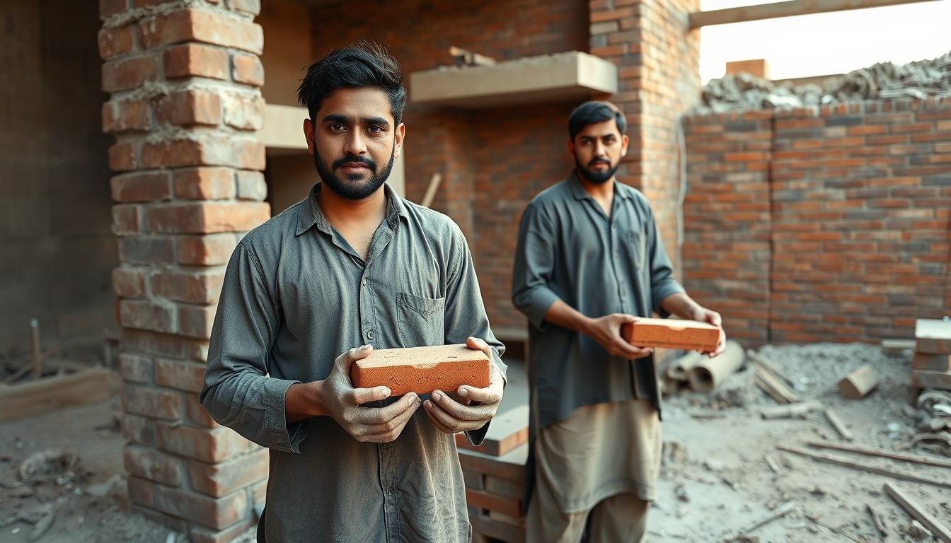 Main art studio: Photorealistic Haris Rauf, Pakistani cricketer, working as a construction mason with another Pakistani mason at a real Pakistani construction site. He