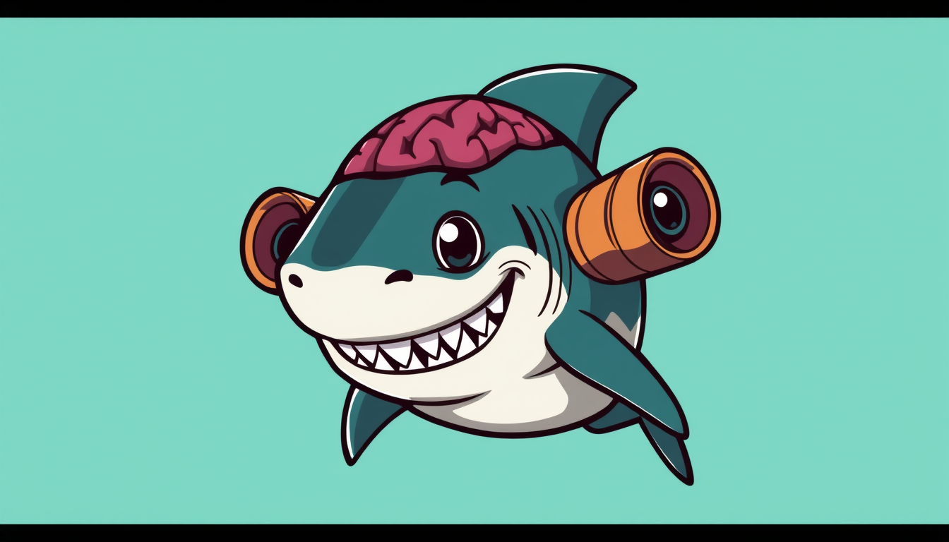 Main art studio: 2D cartoon shark brainrot, cool but funny shark face, clean sharp shark features, medium-sized normal eyes, confident goofy smile, green and black bod
