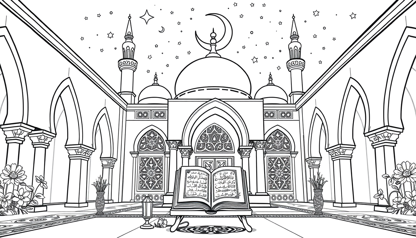 AI Art prompt example created from the prompt: A beautiful black-and-white coloring page for teenagers aged 13–15, showing a peaceful mosque courtyard at night, a crescent moon and stars,