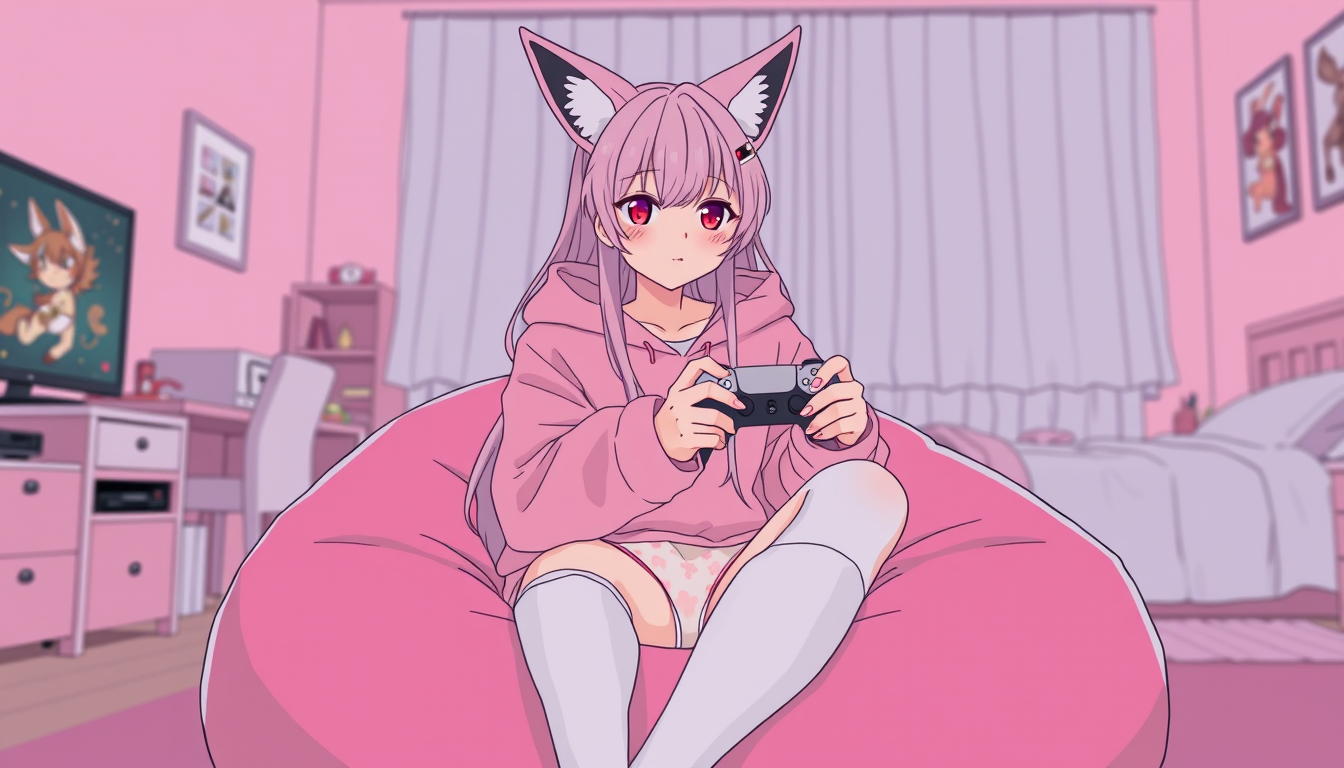Main art studio: Hand-drawn anime storyboard frame, adult Yae Miko with long pale-pink hair and fox ears, wearing an oversized pastel-pink hoodie, white thigh-high soc