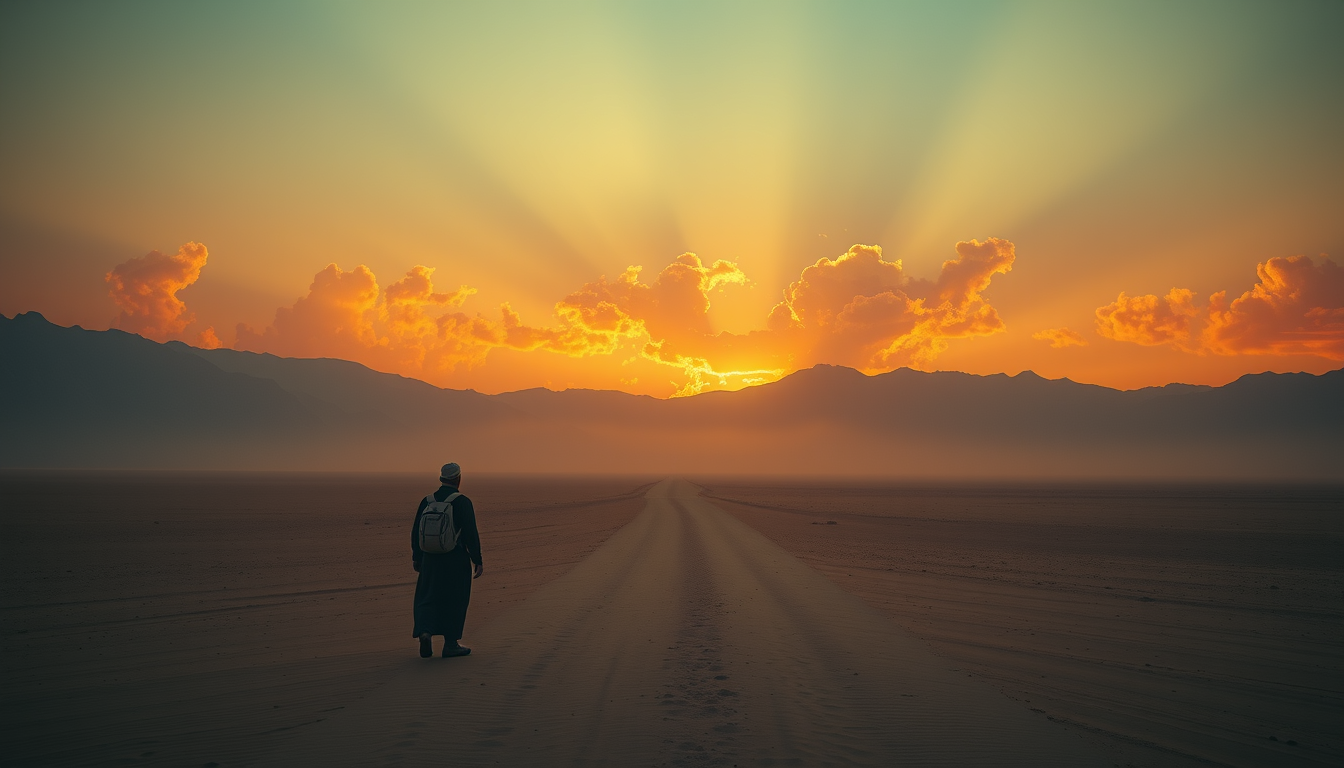Main art studio: A peaceful cinematic Islamic scene in a vast desert at sunset. A lone traveler stands beside a simple path that disappears into the distant horizon, s