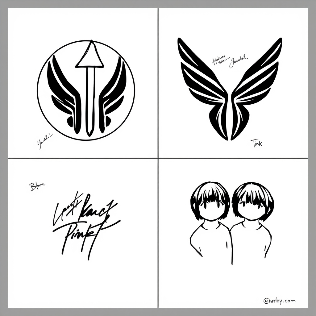 Main art studio: Créer un dessin en quatre partie une partie qui rappelle Black Pink une partie sur le logo blackpink avec toute les signatures des membres des blackpi