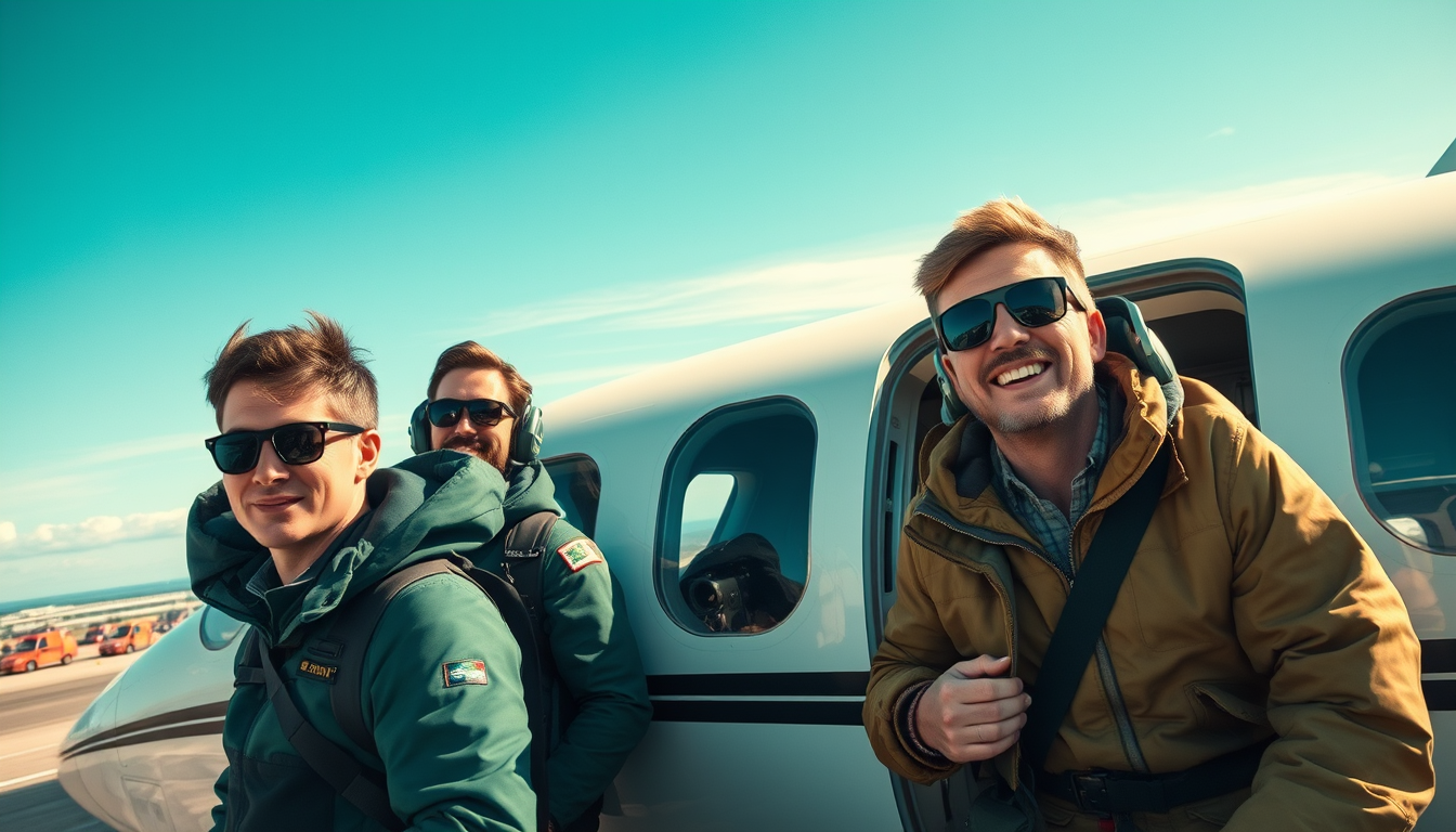 Main art studio: Erstelle ein Bild von einem Privatflugzeug wo drei männer mit sonnenbrille aussteigen. Mit vielen Fans und das Flugzeug in verschiedenen grüntönen und