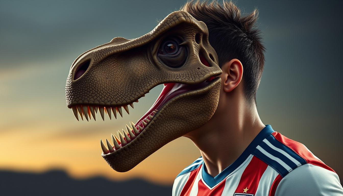 Main art studio: Make an argentinan man a soccer player but not a normal man because he grows into the shape of a dinosaur. His skull is now the shape and dimensions o