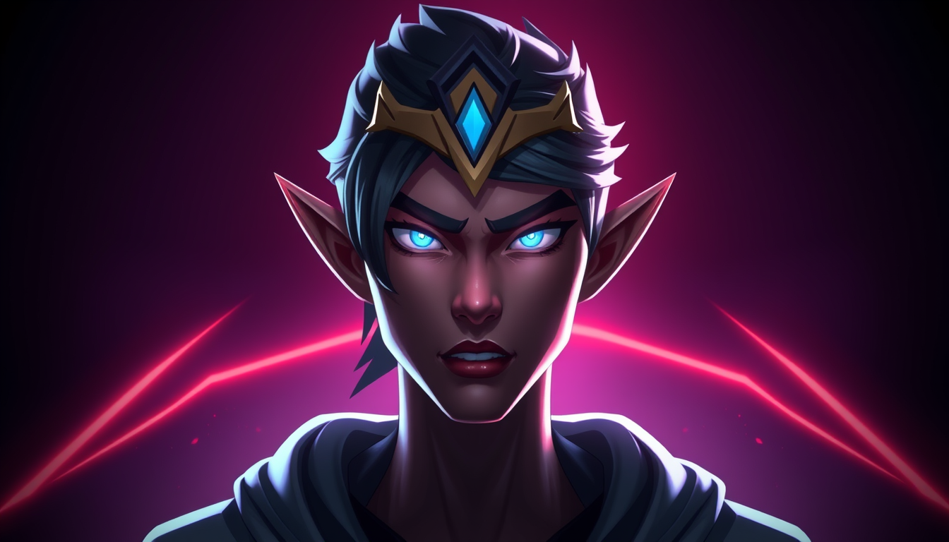 Gaming Avatars idea: gaming avatar, bold character bust, dramatic lighting, esports style, elfa oscura asesina, capucha morada, ojos brillantes, sombría , square gaming pr