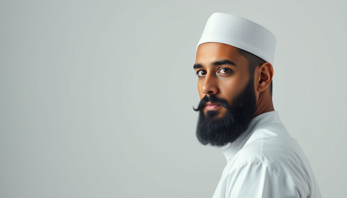Main art studio: "A 30-year-old kind Muslim man with a short black beard, wearing a white kurta and white cap, realistic face, calm expression, standing naturally, ult