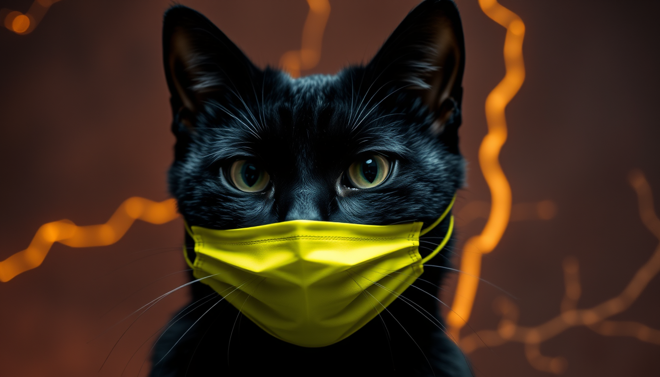 AI Art prompt example created from the prompt: A black cat with a very serious look. Wearing a radioactive mask and have a radioactive in the background