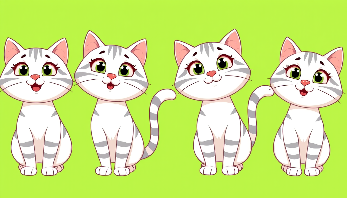 Main art studio: 4 identical white cartoon cats with gray stripes. EXACT same head size, body size, proportions, eye shape and eye color. Each cat has exactly ONE visi