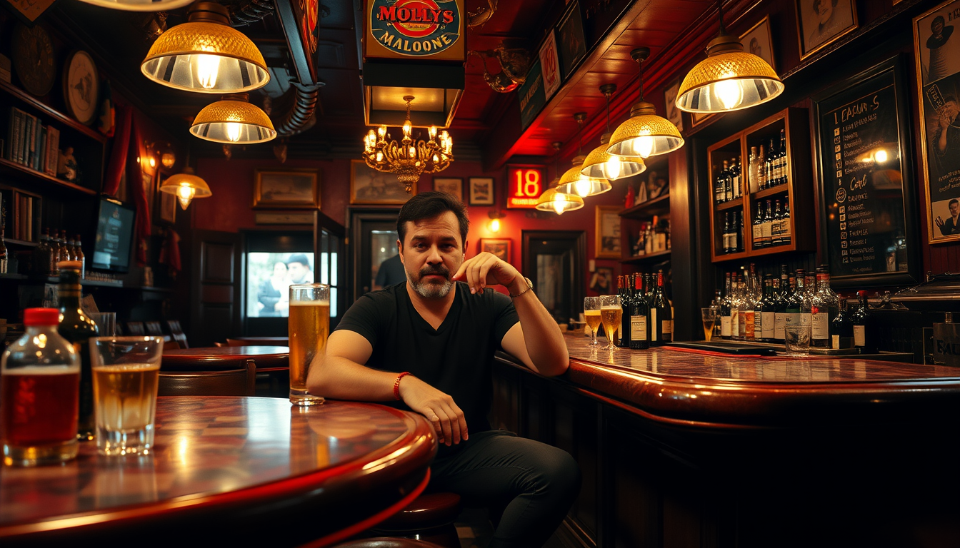 Main art studio: Hazme una foto real de un DNI español inusualmente grande tirado en medio de un clásico bar cervecería mollys malone vacío con el suelo sucio