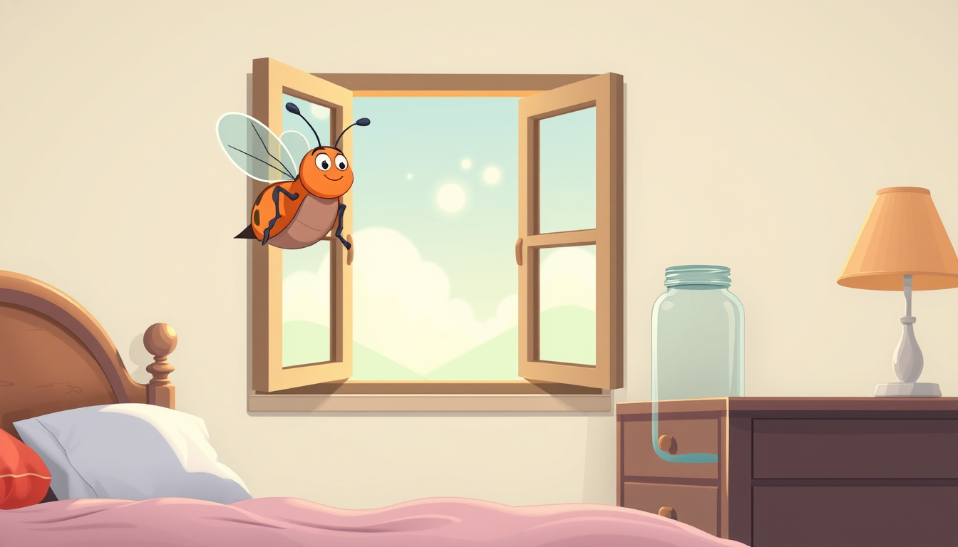 AI Art prompt example created from the prompt: cartoon happy bug flying out of open bedroom window with empty mason jar on nightstand \